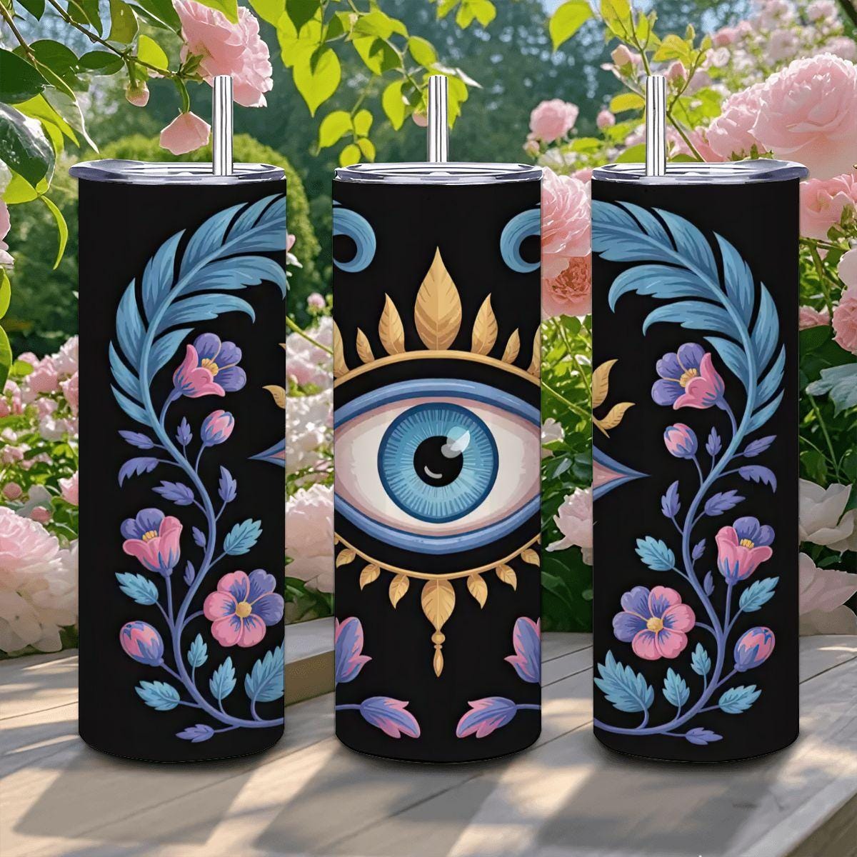 ColorFlow | Mystic Eye Floral Tumbler | 20oz Stainless Steel Cup with Straw | Evil Eye Art Mug | Spiritual Protection Gift