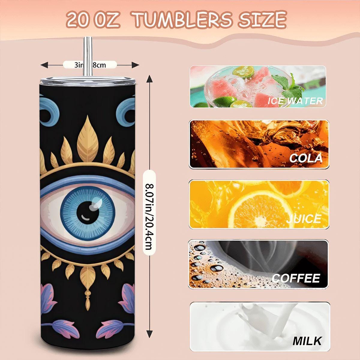 ColorFlow | Mystic Eye Floral Tumbler | 20oz Stainless Steel Cup with Straw | Evil Eye Art Mug | Spiritual Protection Gift