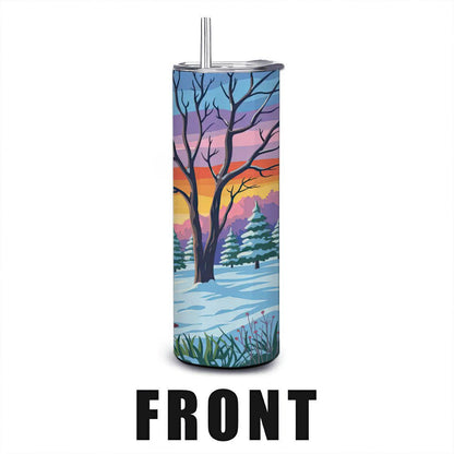ColorFlow | Winter Sunset Landscape Tumbler | 20oz Stainless Steel Cup with Straw | Snowy Forest Art Mug | Nature Gift