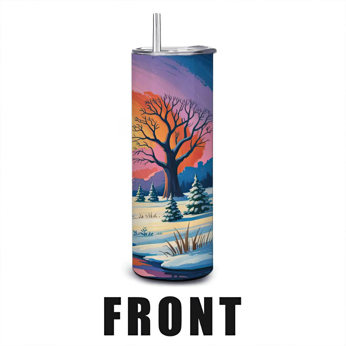 ColorFlow | Radiant Winter Sunset Tumbler | 20oz Stainless Steel Cup with Straw | Snowy Landscape Art | Nature Gift