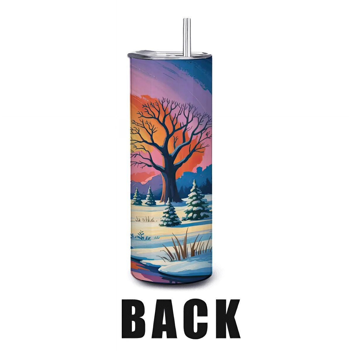 ColorFlow | Radiant Winter Sunset Tumbler | 20oz Stainless Steel Cup with Straw | Snowy Landscape Art | Nature Gift