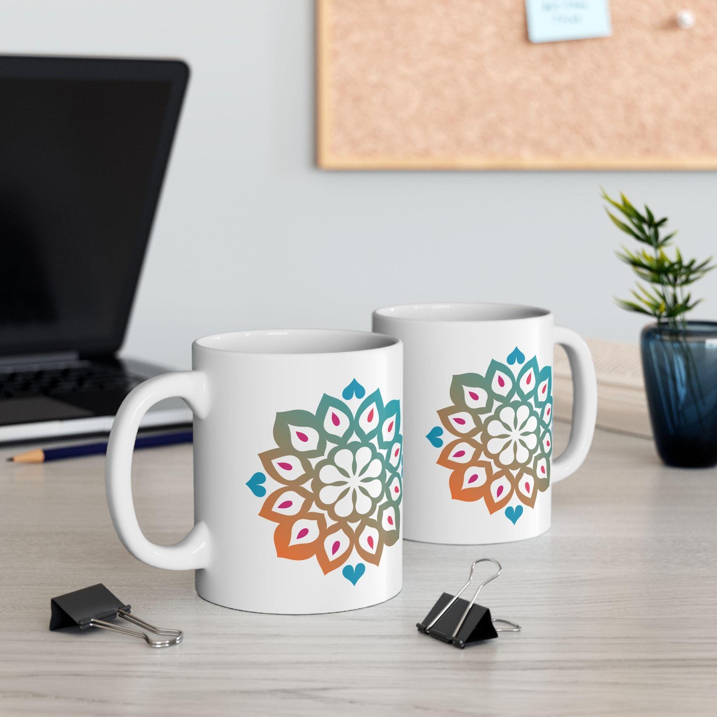 Mandala Art Ceramic Coffee Mug | Tranquil Teal Orange Gradient, 15oz
