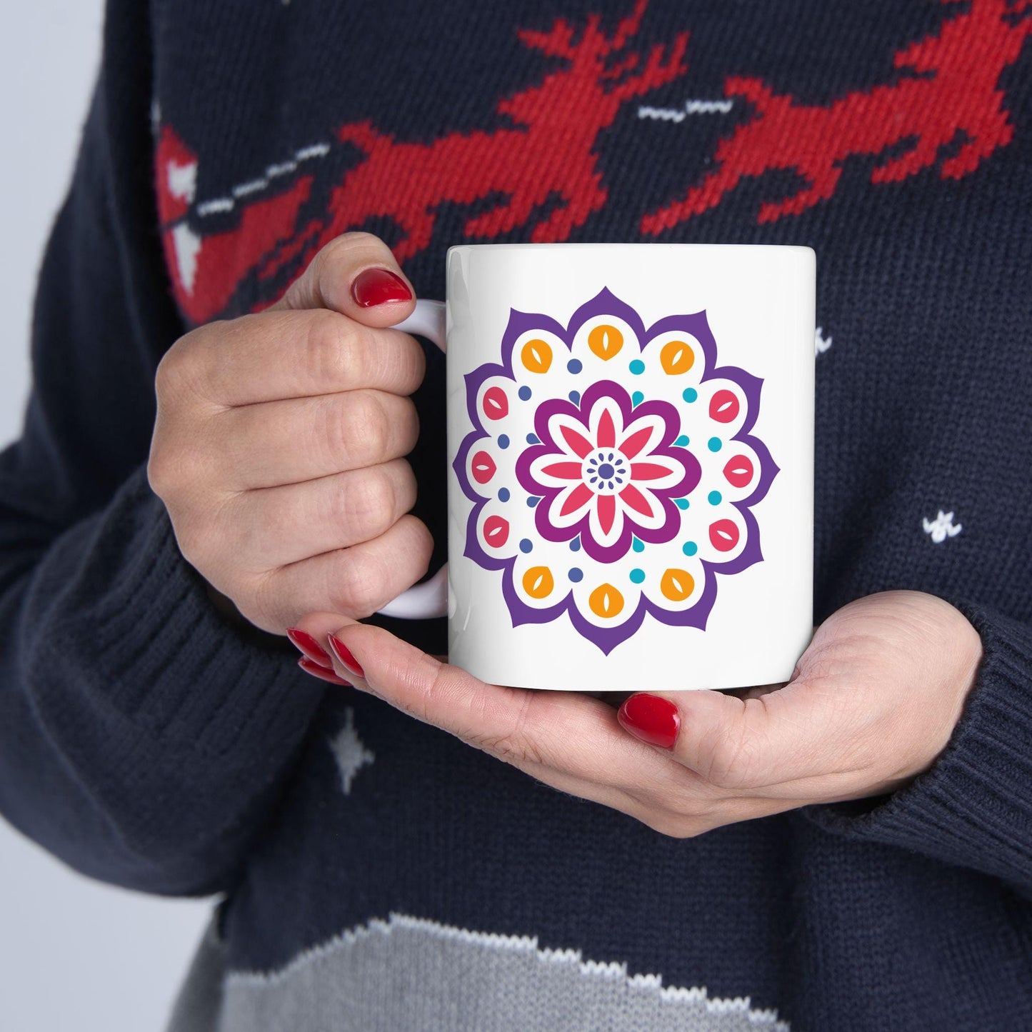 Radiant Bloom Mandala Ceramic Coffee Mug | 15oz Floral Art Cup