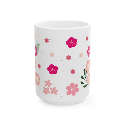 ColorFlow | Cream Floral Bloom Mug | 15 oz Ceramic Coffee Cup | Cute Flower Art Mug | Aesthetic Gift for Her