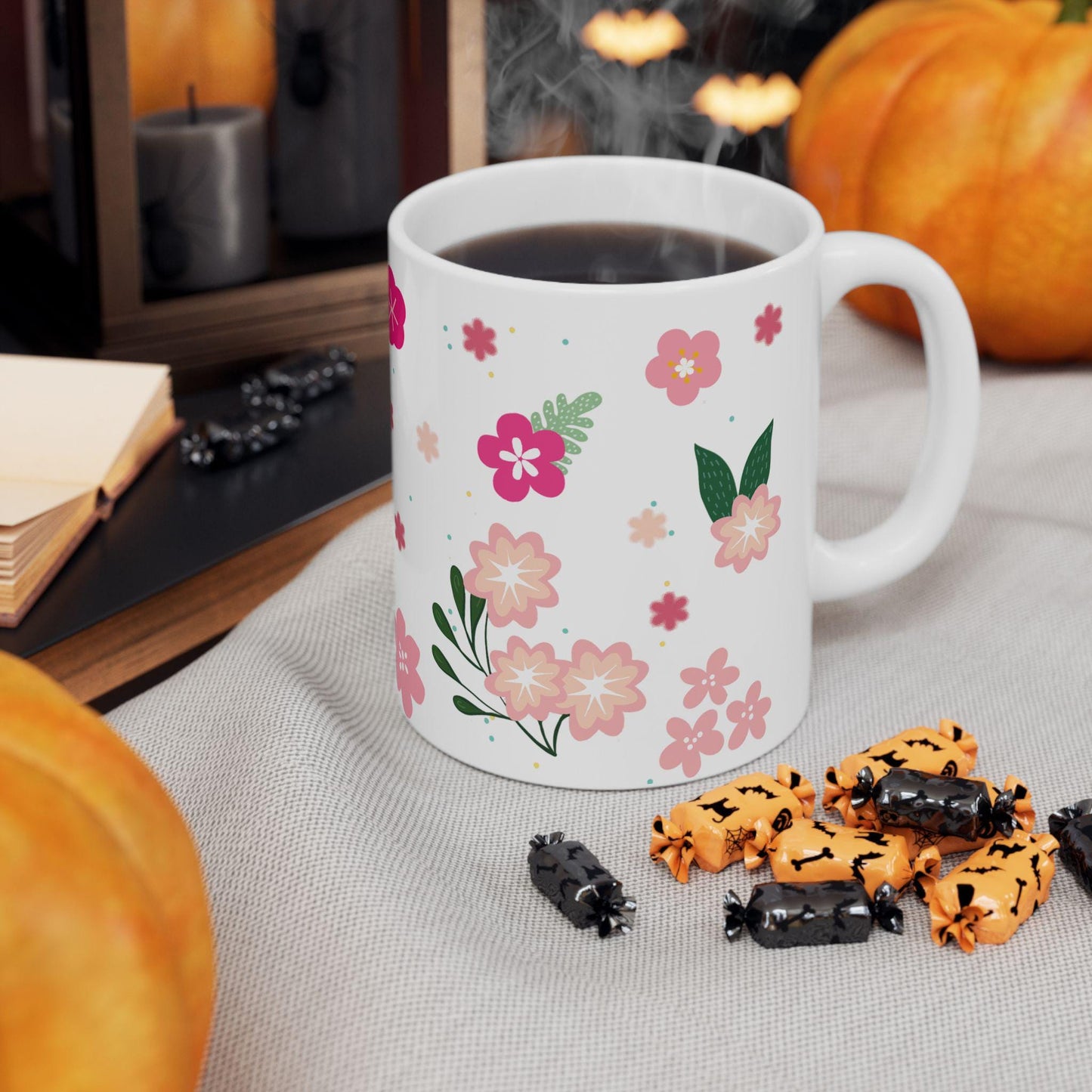 ColorFlow | Cream Floral Bloom Mug | 15 oz Ceramic Coffee Cup | Cute Flower Art Mug | Aesthetic Gift for Her
