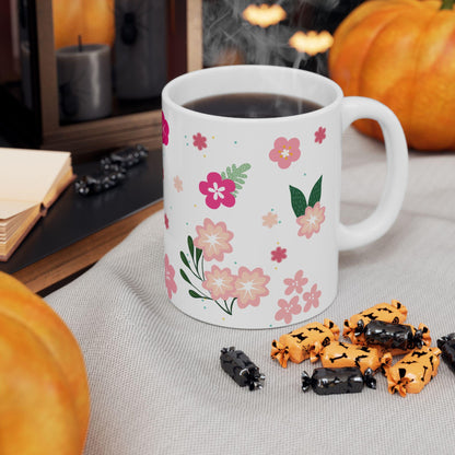 ColorFlow | Cream Floral Bloom Mug | 15 oz Ceramic Coffee Cup | Cute Flower Art Mug | Aesthetic Gift for Her