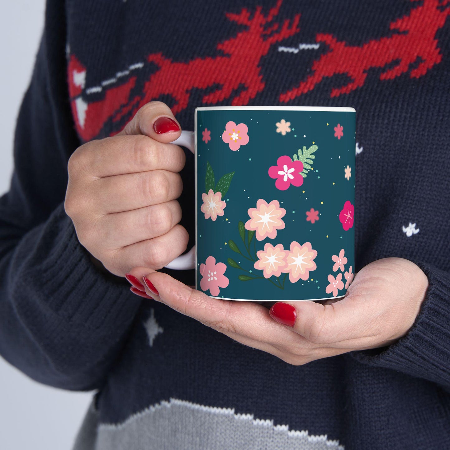 ColorFlow | Midnight Bloom Floral Mug | 15 oz Ceramic Coffee Cup | Dark Blue Flower Art Mug | Gift for Her