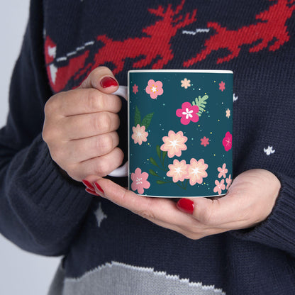 ColorFlow | Midnight Bloom Floral Mug | 15 oz Ceramic Coffee Cup | Dark Blue Flower Art Mug | Gift for Her