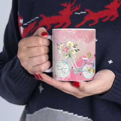 ColorFlow | Watercolor Floral Bicycle Mug | 15 oz Ceramic Coffee Cup | Pink Flower Art Mug | Gift for Her