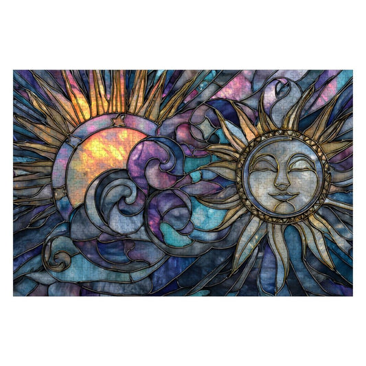 ColorFlow | Sun and Moon Stained Glass Wooden Jigsaw Puzzle | Unique Wood Puzzle for Adults and Kids | Vibrant Art Decor Gift