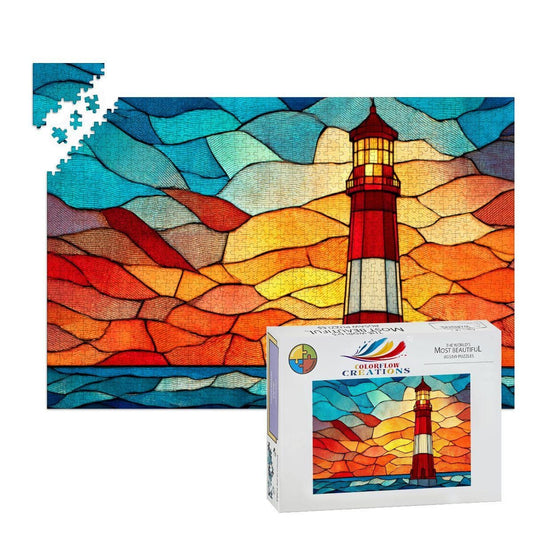 ColorFlow | Stained Glass Lighthouse Wooden Jigsaw Puzzle | Unique Art Puzzle for Adults and Kids | Vibrant Gift Home Decor