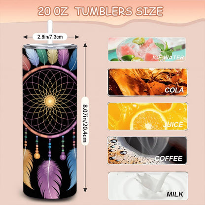 ColorFlow | Dreamcatcher Galaxy 20oz Stainless Steel Tumbler with Straw | Boho Sunflower Cup Gift