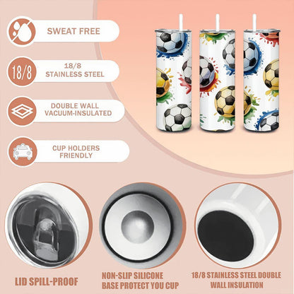 Soccer Watercolor Splash Tumbler | 20oz Stainless Steel Sports Cup