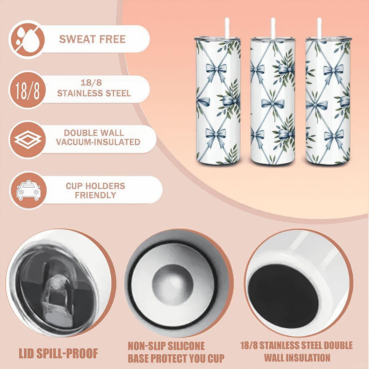 ColorFlow | Blue Ribbon Botanical Tumbler | 20oz Stainless Steel Coffee Travel Cup with Straw Elegant Gift