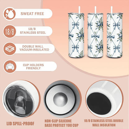 ColorFlow | Blue Ribbon Botanical Tumbler | 20oz Stainless Steel Coffee Travel Cup with Straw Elegant Gift