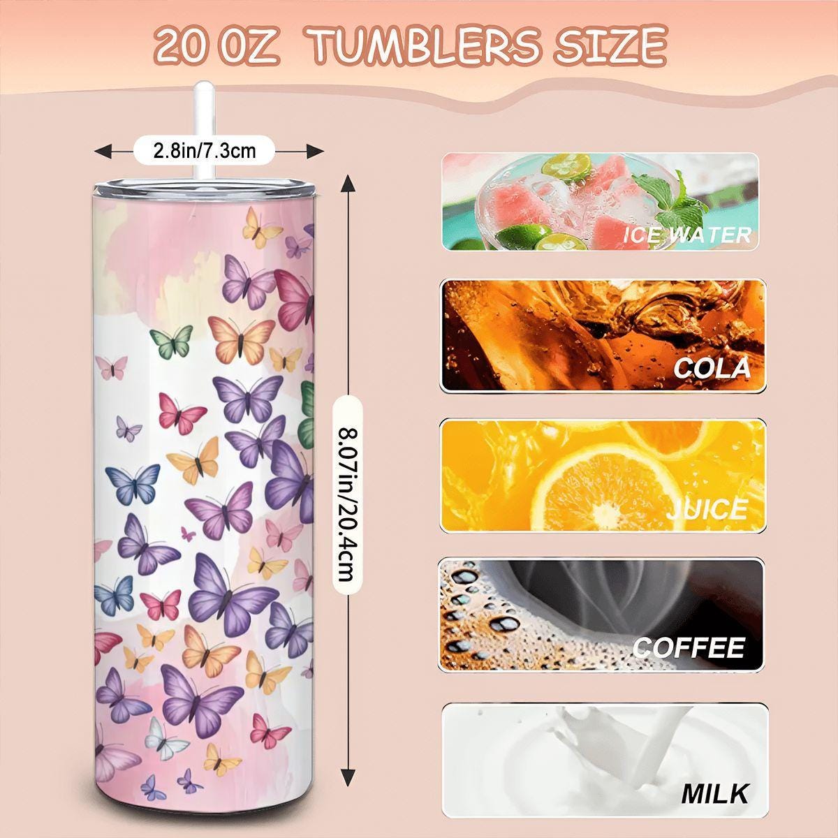 ColorFlow | Butterfly Dreams Tumbler | 20oz Stainless Steel Coffee Travel Cup with Straw Colorful Gift