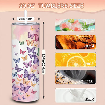 ColorFlow | Butterfly Dreams Tumbler | 20oz Stainless Steel Coffee Travel Cup with Straw Colorful Gift