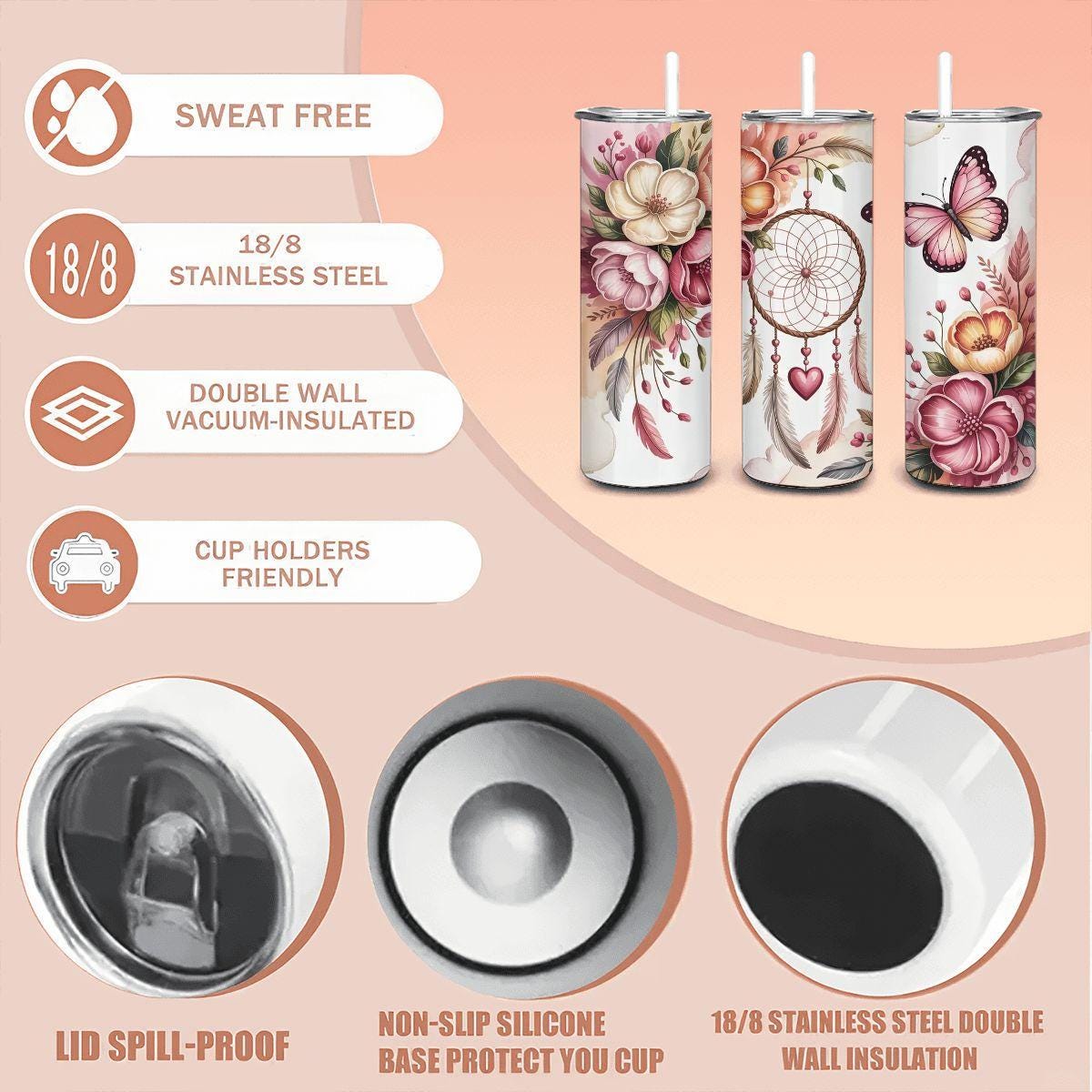 ColorFlow | Boho Dreamcatcher Serenity Tumbler | 20oz Stainless Steel Coffee Travel Cup with Straw Gift