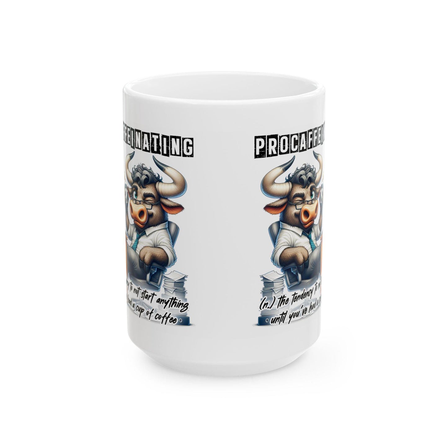 ColorFlow | Funny Coffee Mug Procaffeinating Bull Office Humor Cup | 15 oz Coffee Lover Gift for Coworkers and Friends