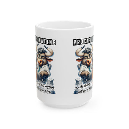 ColorFlow | Funny Coffee Mug Procaffeinating Bull Office Humor Cup | 15 oz Coffee Lover Gift for Coworkers and Friends