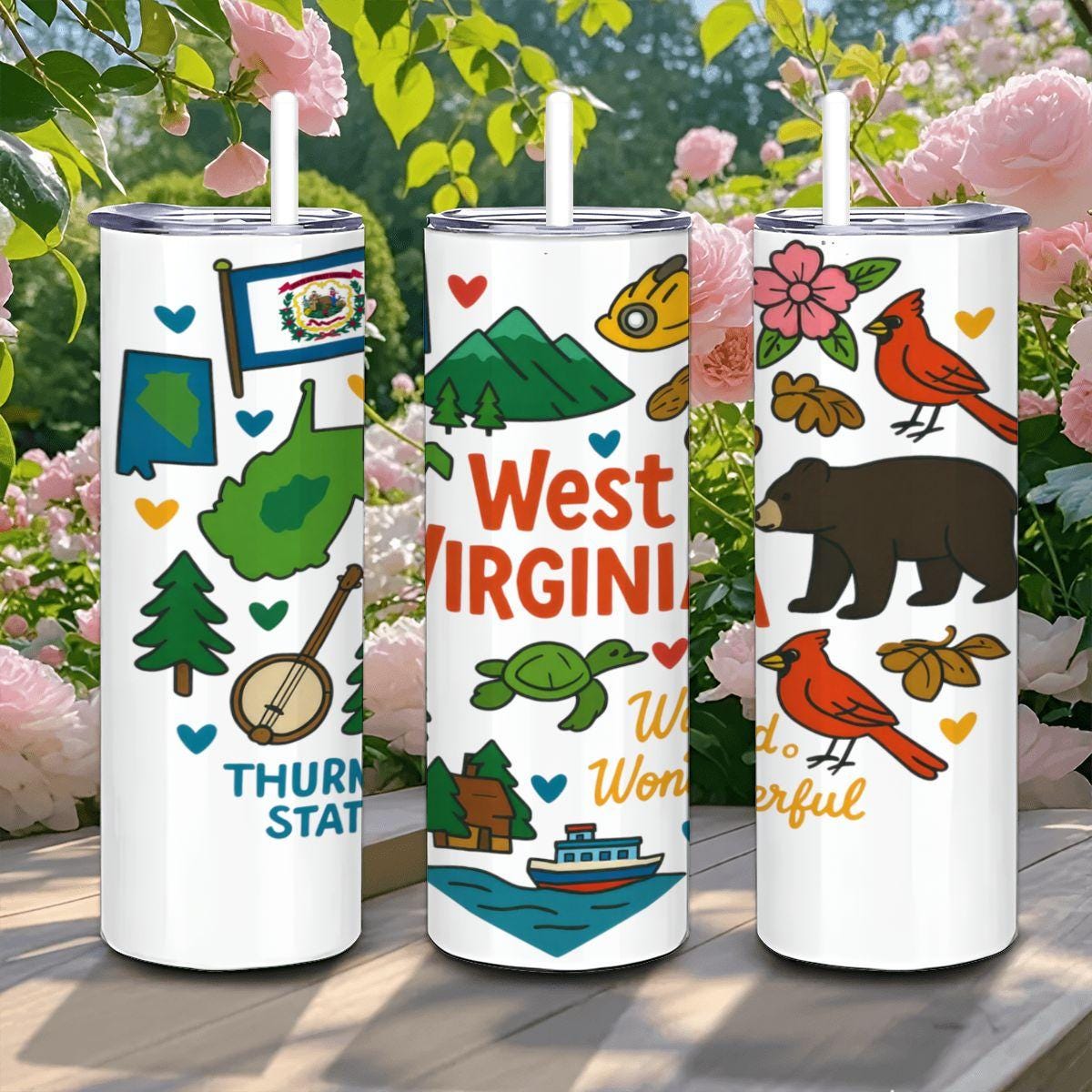 ColorFlow | West Virginia Wild and Wonderful Tumbler | Mountain State Travel Cup with Straw | Nature Lover Gift