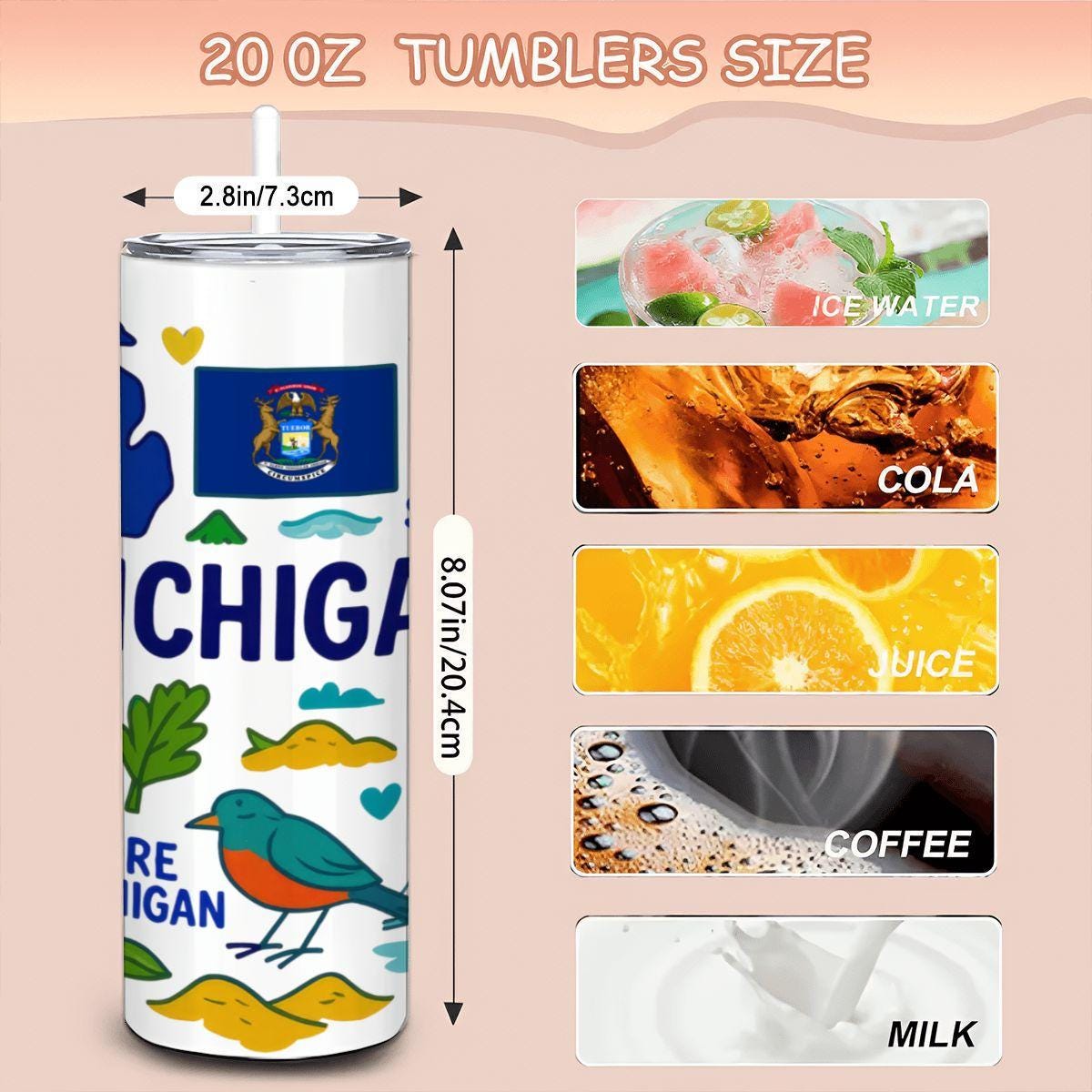 ColorFlow | Michigan Great Lakes Tumbler | Pure Michigan Stainless Steel Cup | 20oz Insulated Travel Mug with Straw