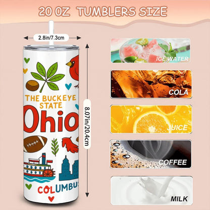 ColorFlow | Ohio State Pride 20oz Stainless Steel Tumbler with Straw | Buckeye State Travel Mug | Midwest Gift Cup