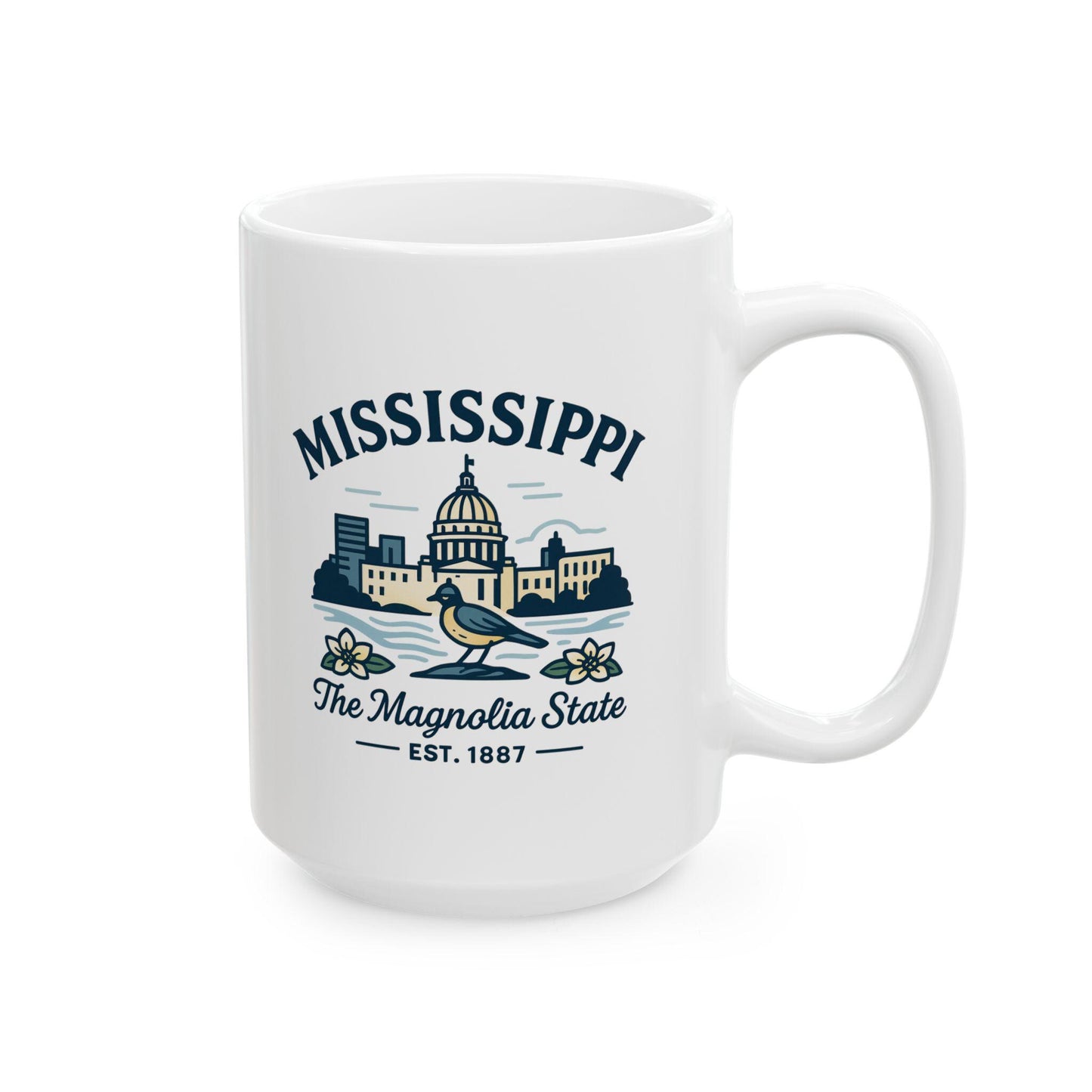 ColorFlow | Mississippi The Magnolia State Mug | 15oz Ceramic Coffee Cup | Southern Gift | State Bird and Capitol Design