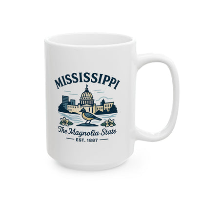 ColorFlow | Mississippi The Magnolia State Mug | 15oz Ceramic Coffee Cup | Southern Gift | State Bird and Capitol Design