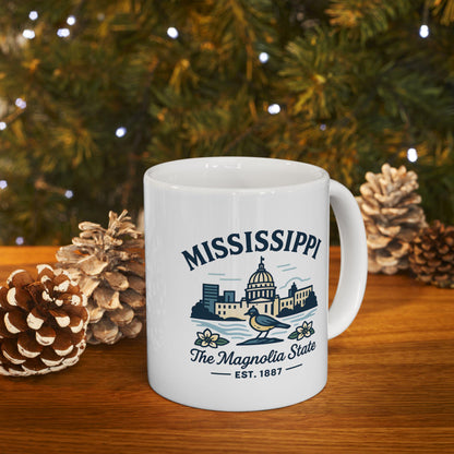 ColorFlow | Mississippi The Magnolia State Mug | 15oz Ceramic Coffee Cup | Southern Gift | State Bird and Capitol Design