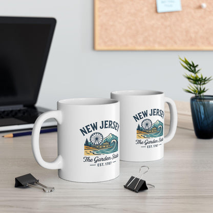 ColorFlow | New Jersey The Garden State Mug | 15oz Ceramic Coffee Cup | Boardwalk & Wave Design | Coastal Gift
