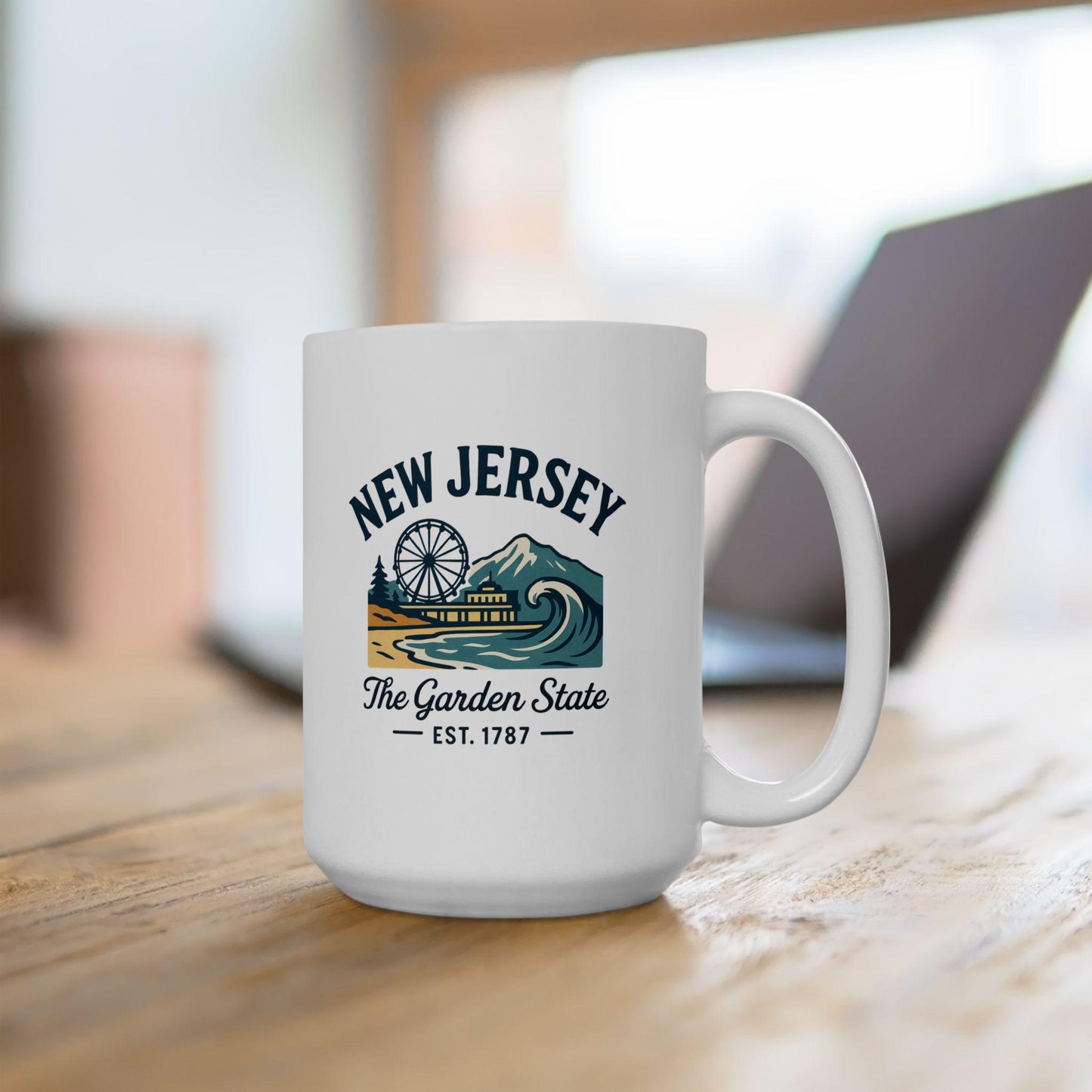 ColorFlow | New Jersey The Garden State Mug | 15oz Ceramic Coffee Cup | Boardwalk & Wave Design | Coastal Gift