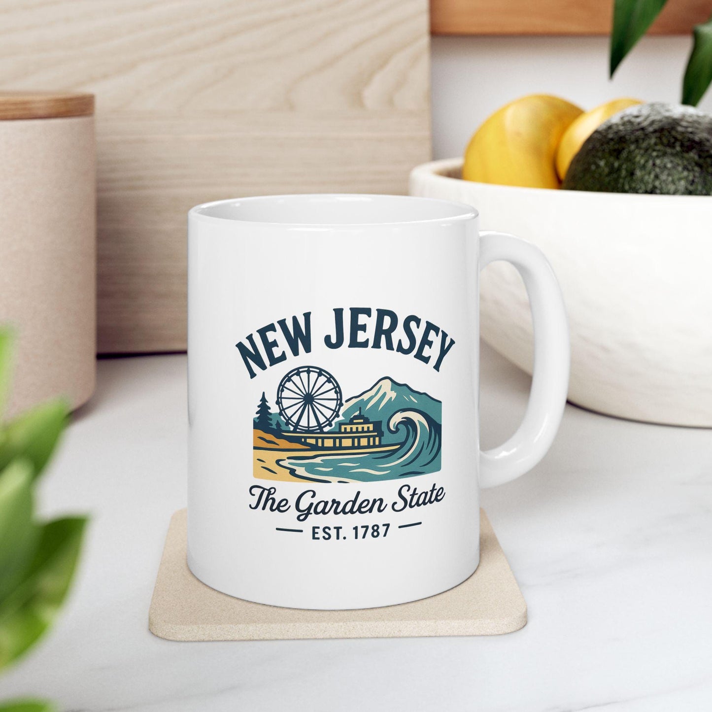 ColorFlow | New Jersey The Garden State Mug | 15oz Ceramic Coffee Cup | Boardwalk & Wave Design | Coastal Gift