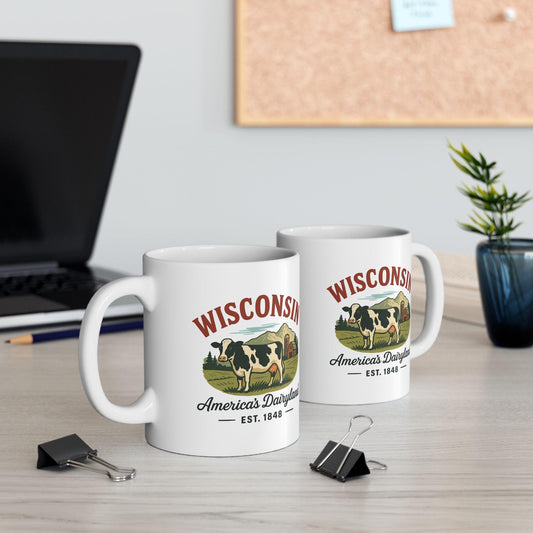 ColorFlow | Wisconsin Americas Dairyland Mug | 15oz Ceramic Coffee Cup | Vintage Cow Farm Design Gift for Coffee Lovers