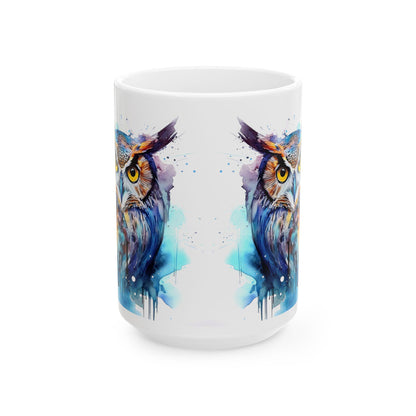 ColorFlow | Watercolor Owl Mug | Vibrant Abstract 15oz Ceramic Coffee Cup | Artistic Gift for Owl Lovers and Creatives