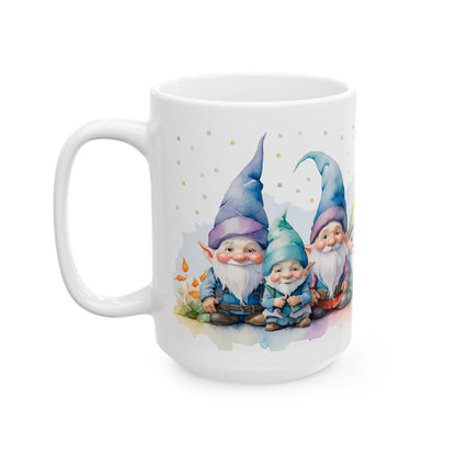 ColorFlow | Gnome Friends Mug | Whimsical 15oz Ceramic Coffee Cup | Cute Fantasy Gift for Garden and Art Lovers
