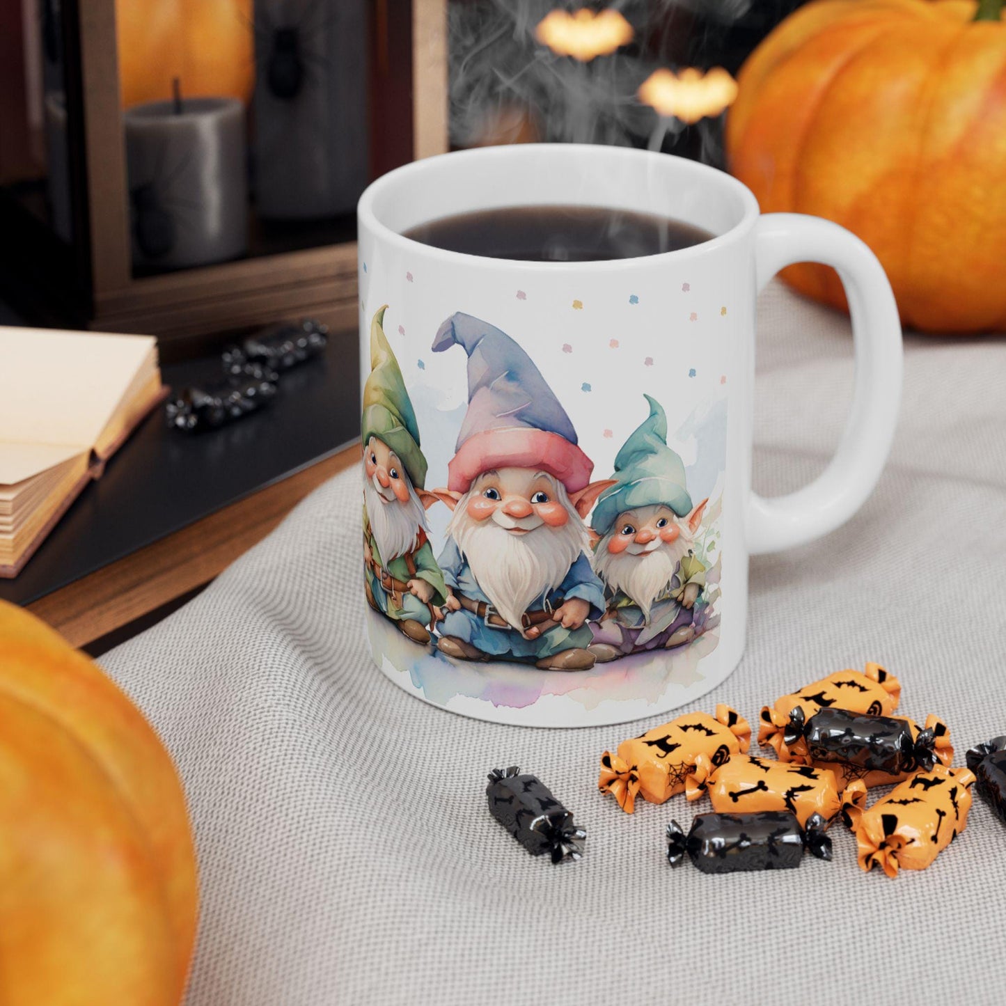 ColorFlow | Gnome Friends Mug | Whimsical 15oz Ceramic Coffee Cup | Cute Fantasy Gift for Garden and Art Lovers