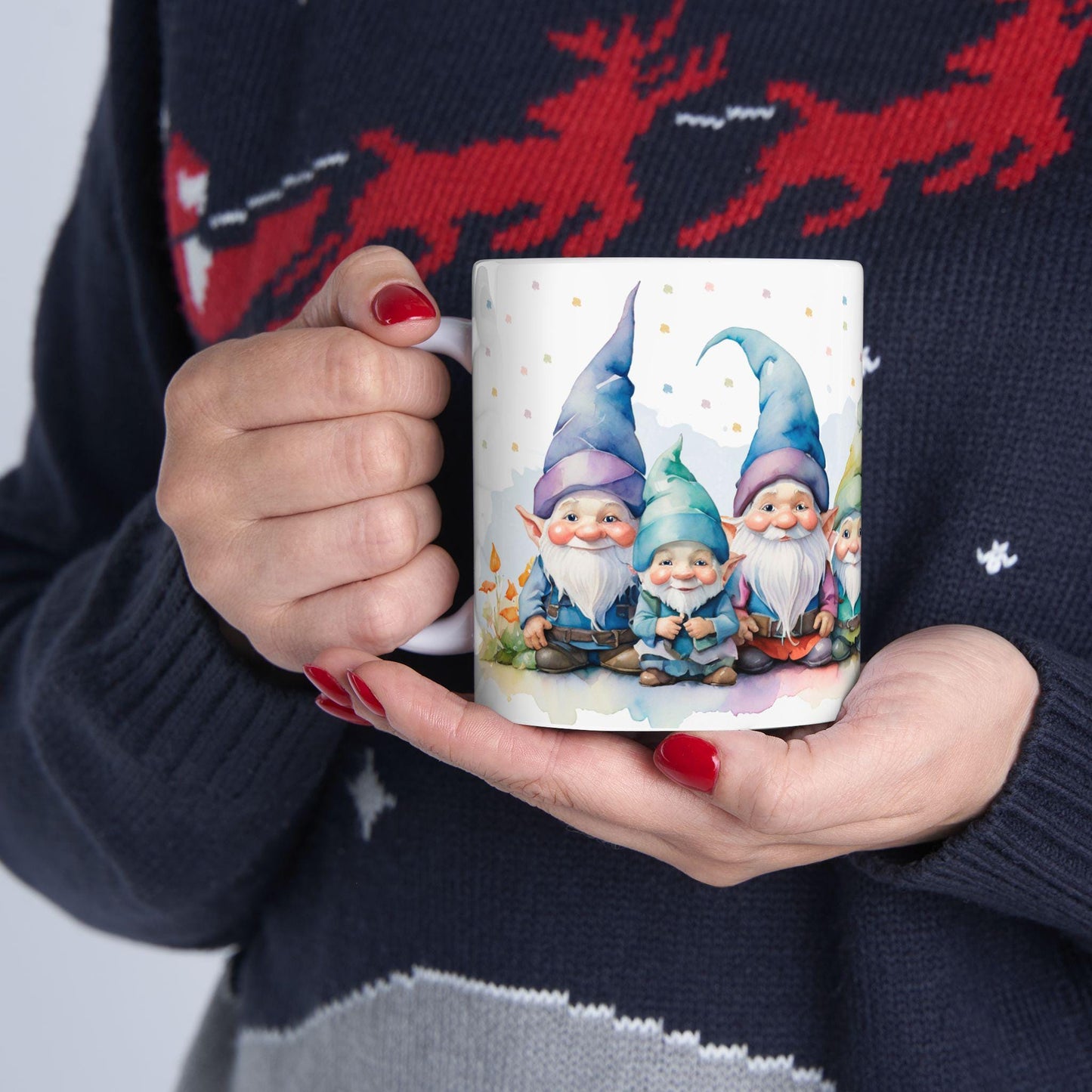 ColorFlow | Gnome Friends Mug | Whimsical 15oz Ceramic Coffee Cup | Cute Fantasy Gift for Garden and Art Lovers