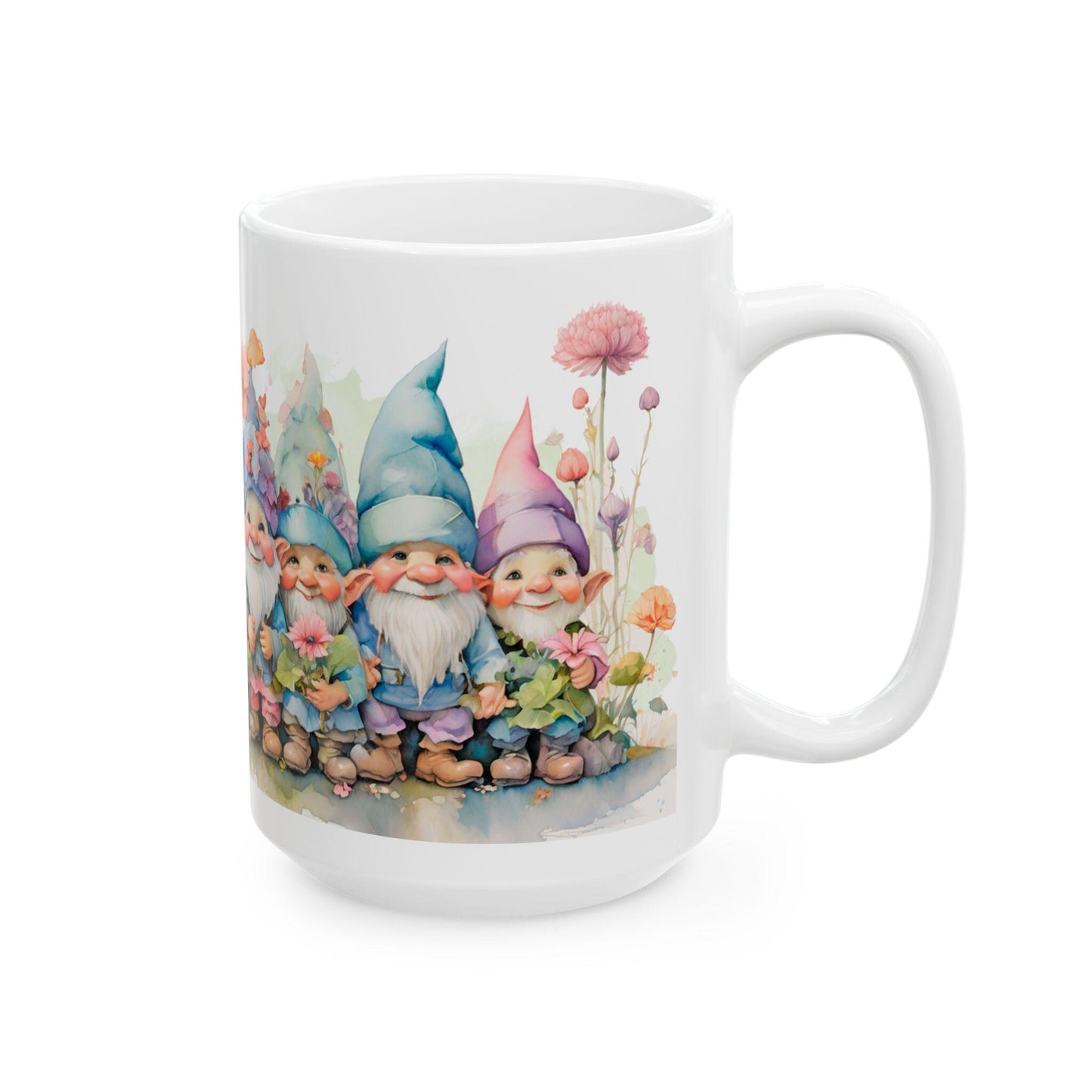 ColorFlow | Garden Gnome Mug | Whimsical Floral 15oz Ceramic Coffee Cup | Cute Fantasy Gift for Garden and Art Lovers