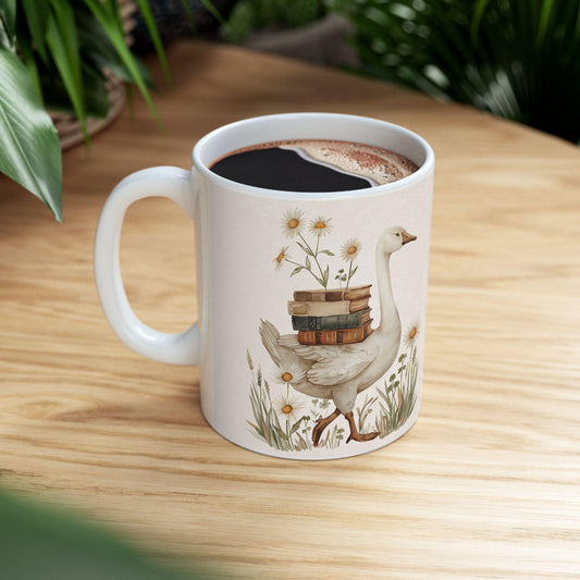 ColorFlow | Swan with Books Mug | 15oz Vintage Cottagecore Ceramic Coffee Cup | Book Lover Gift with Daisies