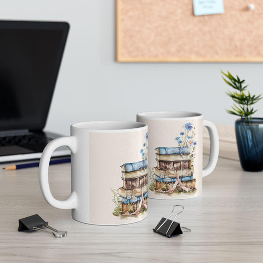 ColorFlow | Stack of Books Mug | 15oz Literary Coffee Cup with Blue Wildflowers | Vintage Book Lover Gift