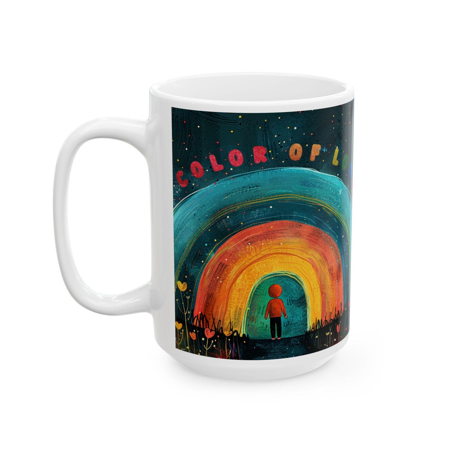 ColorFlow | Color of Love Art Mug | Rainbow Heart Coffee Cup | Inspirational Gift | 15 oz Ceramic Mug for Home and Office