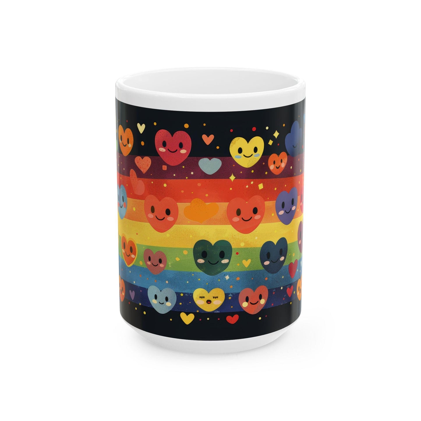ColorFlow | Rainbow Hearts Smile Mug | Joyful Pride Coffee Cup | 15 oz Ceramic Mug | Cute Colorful Gift for All