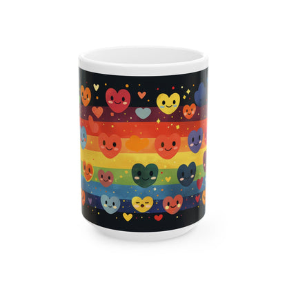 ColorFlow | Rainbow Hearts Smile Mug | Joyful Pride Coffee Cup | 15 oz Ceramic Mug | Cute Colorful Gift for All