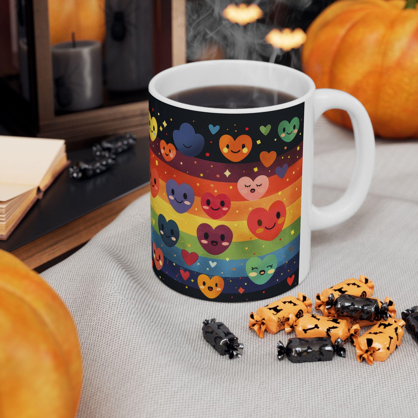 ColorFlow | Rainbow Hearts Smile Mug | Joyful Pride Coffee Cup | 15 oz Ceramic Mug | Cute Colorful Gift for All
