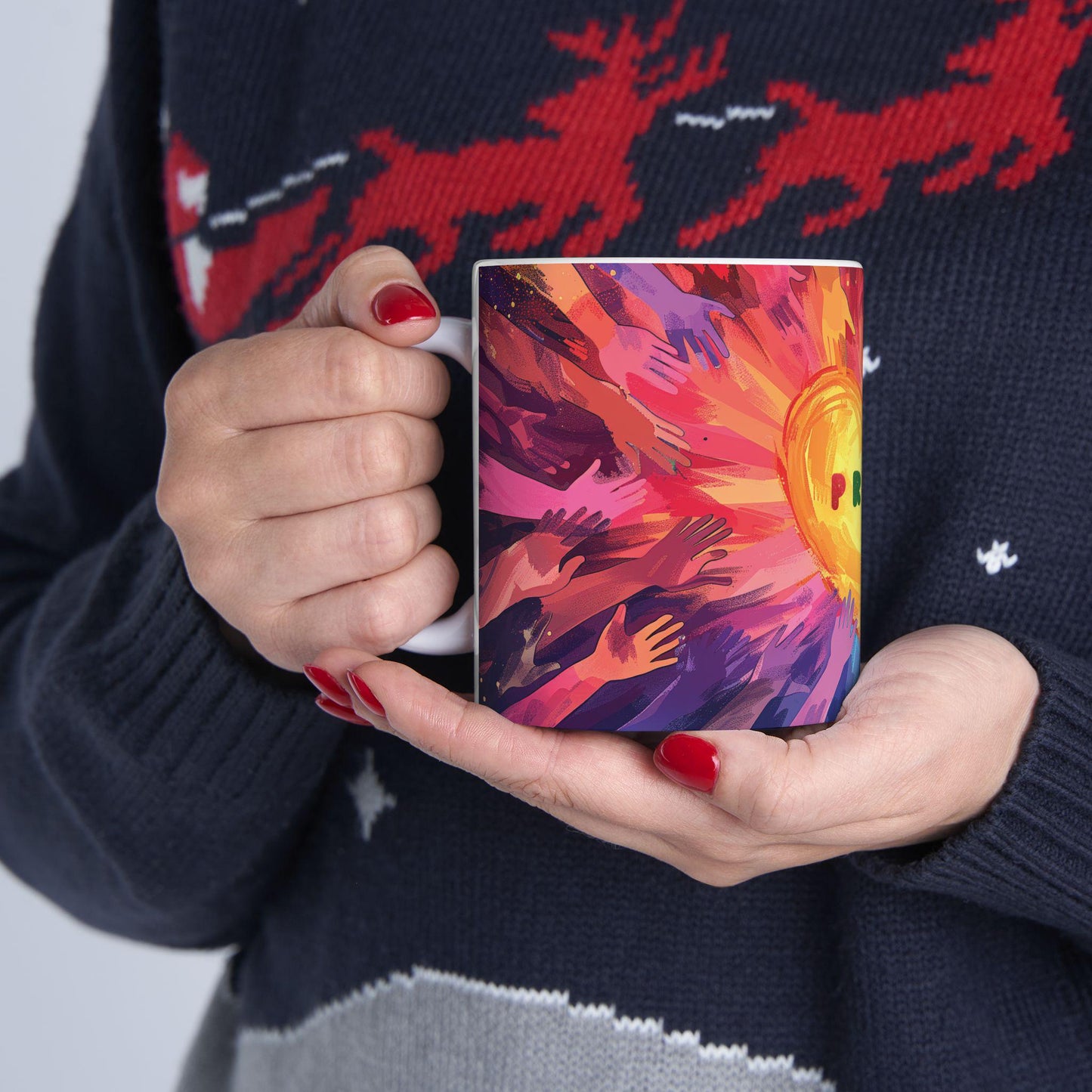 ColorFlow | Pride Heart Unity Mug | Rainbow Hands Art Coffee Cup | 15 oz Ceramic Mug | Empowering Love Gift