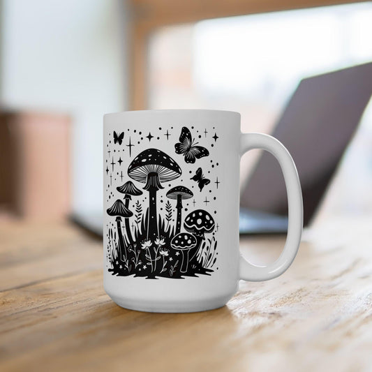 Mushroom Forest Coffee Mug | Cottagecore Nature Art, Butterfly Ceramic 15oz