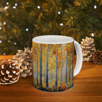 Autumn Birch Forest Art Mug | Cozy Fall Coffee Cup, 15 oz