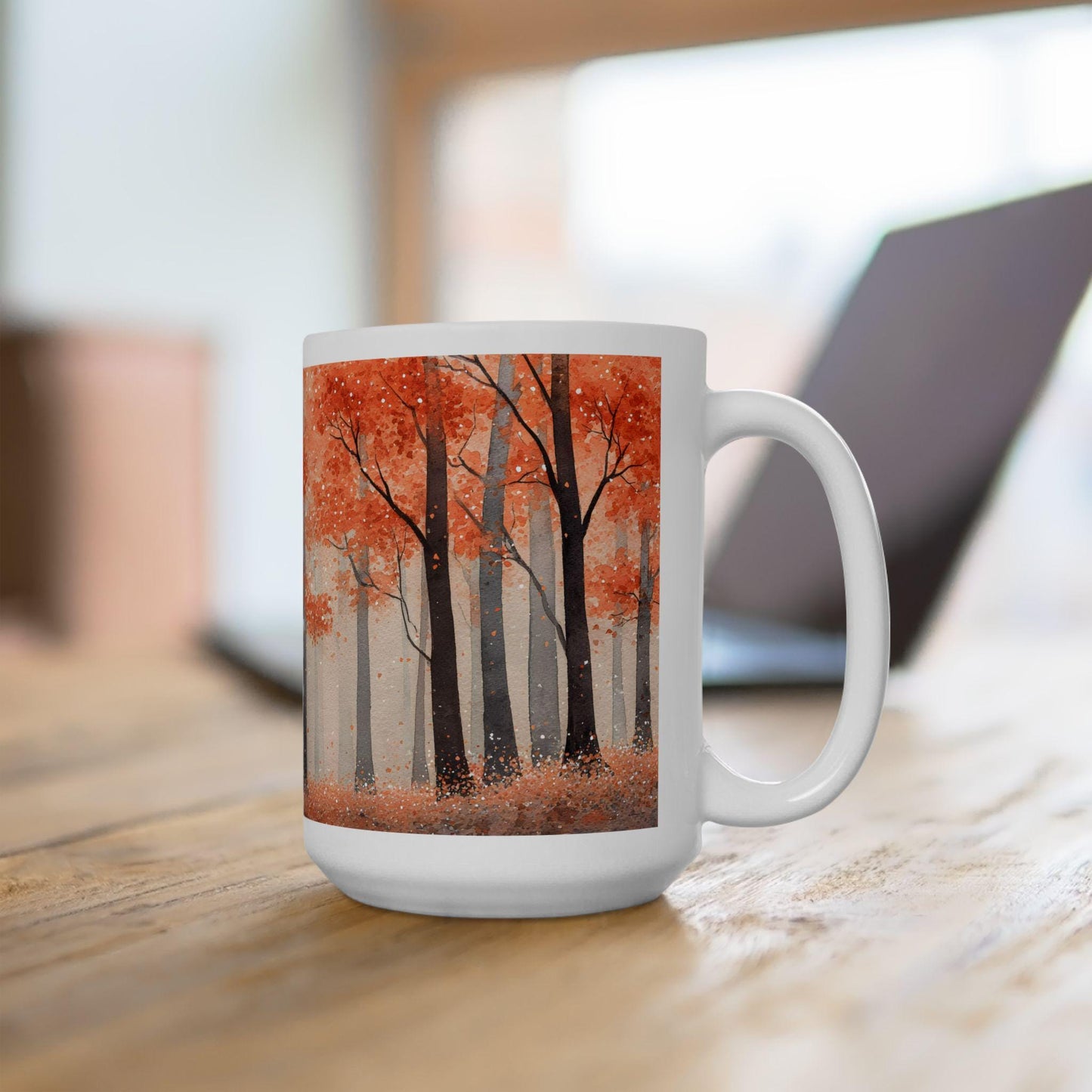 ColorFlow | Crimson Autumn Forest Mug | 15 oz Ceramic Coffee Cup | Fall Art Coffee Mug | Nature Lover Gift