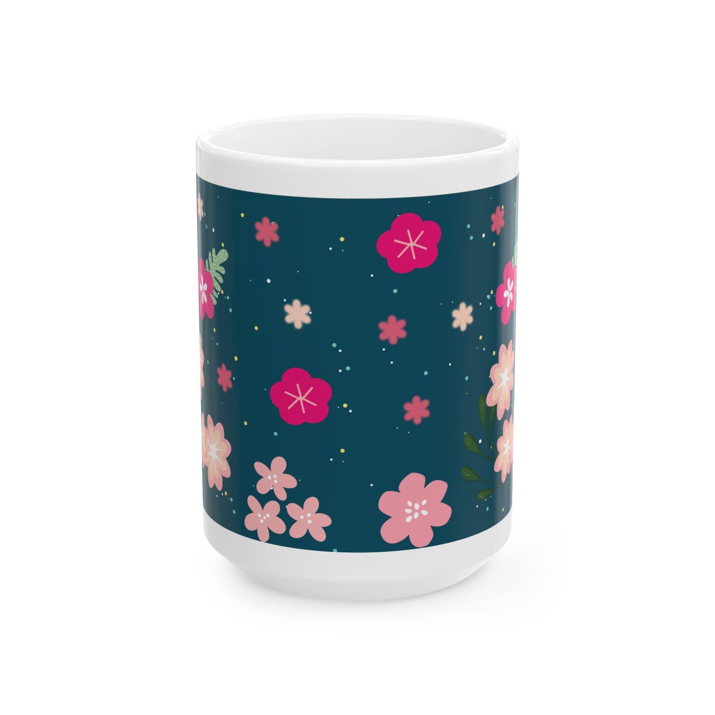 ColorFlow | Midnight Bloom Floral Mug | 15 oz Ceramic Coffee Cup | Dark Blue Flower Art Mug | Gift for Her